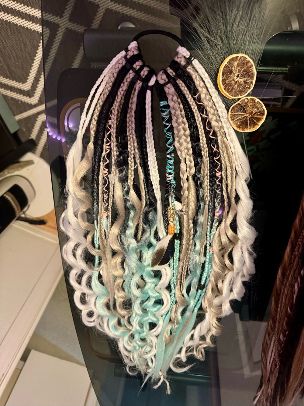 Synthetic Braided Hair Extensions with White and Light Teal Accents